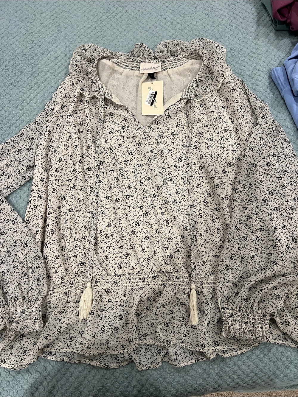 Universal Thread Cream Blouse with Navy Micro Floral and Tassel Detail